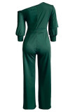 Green Casual Solid Patchwork Oblique Collar Straight Jumpsuits
