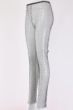 Black Sexy Hollowed Out Patchwork See-through Rhinestone Regular Mid Waist Pencil Patchwork Bottoms