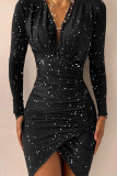 Черные модные сексуальные асимметричные платья с V-образным вырезом и длинными рукавами