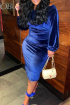 Vestidos de falda de un paso con hombros descubiertos, color azul real, sexy, de retazos lisos