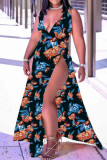 Brown Fashion Sexy Print Schlitz V-Ausschnitt Weste Kleid