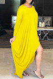 Gult Mode Casual Solid Asymmetrisk O-hals långärmade klänningar