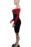 Rote Mode Sexy Solid Patchwork Frenulum Off the Shoulder Langarm Kleider