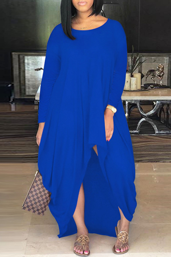 Vestidos de manga larga con cuello en O asimétrico sólido casual de moda azul