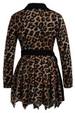 Kaki Mode Leopard Kamouflage Print Patchwork POLO krage Asymmetriska klänningar