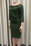 グリーン ファッション カジュアル ソリッド フォールド O ネック ワンステップ スカート ドレス
