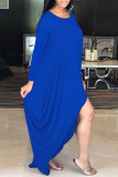 Синие модные повседневные однотонные асимметричные платья с круглым вырезом и длинными рукавами