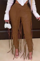 Pantalones caqui moda casual sólido borla patchwork regular cintura alta lápiz
