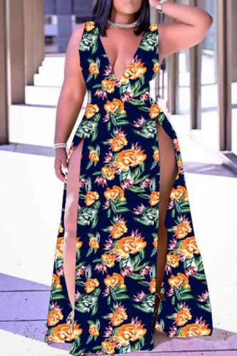 Orange Fashion Sexy Print Slit V Neck Vest Dress