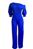 Blauwe casual effen patchwork rechte jumpsuits met schuine kraag