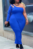 Azul moda sexy sólido retalhos sem costas um ombro manga comprida vestidos plus size