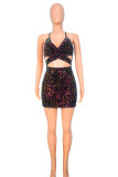 Black Sexy Solid Hollowed Out Sequins Patchwork Spaghetti Strap One Step Skirt Dresses