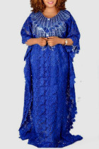 Buntes, blaues, lässiges, festes Verband-Patchwork-Applikationen-V-Ausschnitt, gerades Kleid in Übergröße