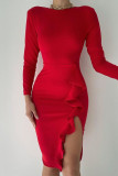 Red Sexy Solid Patchwork Flounce Asymmetrical O Neck One Step Skirt Dresses