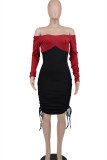 Red Fashion Sexy Solid Patchwork Frenulum Off the Shoulder Long Sleeve Dresses