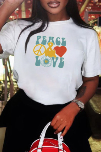 White Fashion Street Print Patchwork O Neck T-Shirts