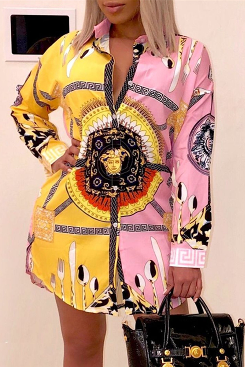 

Multicolor Fashion Casual Print Basic Turndown Collar Shirt Dress Dresses