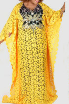 Amarelo casual sólido bandagem patchwork apliques decote em V reto vestidos tamanhos grandes