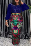 Navy Blue Celebrities Sequins Patchwork Hot Drill O Neck One Step Skirt Plus Size Dresses