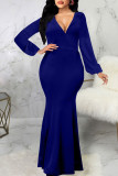ブルーのセクシーなソリッドパッチワークVネックドレス