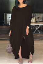 ブラウン ファッション カジュアル ソリッド 非対称 O ネック ロング スリーブ ドレス
