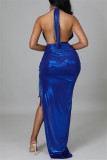Синее сексуальное вечернее платье на тонких бретелях с завязками и уздечками без спинки