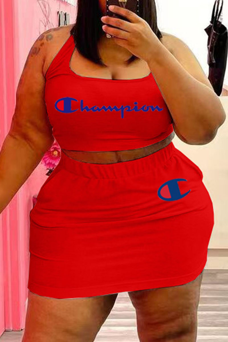 

Red Fashion Sportswear Print Letter U Neck One Step Skirt Plus Size Two Pieces