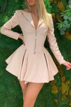 Apricot Pink Fashion Solid Zipper Patchwork Asymmetrical Turndown Collar A Line Dresses