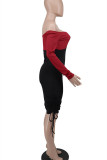 Красные модные сексуальные однотонные лоскутные платья с открытыми плечами и длинными рукавами в стиле пэчворк
