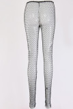 White Sexy Hollowed Out Patchwork See-through Rhinestone Regular Mid Waist Pencil Patchwork Bottoms