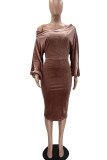 Brown Sexy Solid Patchwork Off the Shoulder One Step Skirt Dresses