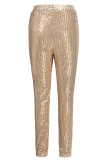 Серебряные сексуальные однотонные узкие брюки со средней посадкой и пайетками
