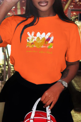 Orange Fashion Street Print Patchwork O Neck T-Shirts