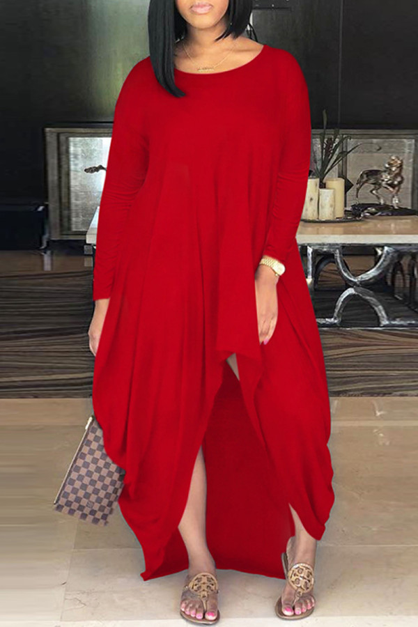 Vestidos de manga larga con cuello en O asimétrico sólido casual de moda roja