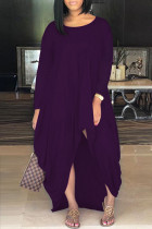 パープル ファッション カジュアル ソリッド 非対称 O ネック ロング スリーブ ドレス