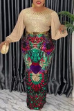 Apricot Celebrities Sequins Patchwork Hot Drill O Neck One Step Skirt Plus Size Dresses