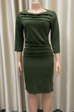グリーン ファッション カジュアル ソリッド フォールド O ネック ワンステップ スカート ドレス