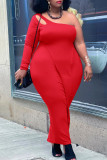 Rote, modische, sexy, solide, rückenfreie Patchwork-Kleider mit einer Schulter und langen Ärmeln in Übergröße