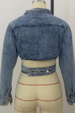 Blå Casual Street Solid Patchwork Asymmetrisk Turn-back krage Långärmad jeansjacka