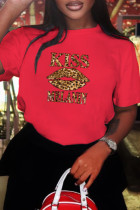 Camisetas con cuello redondo de patchwork de leopardo diario de moda rojo