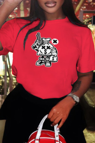 Red Casual Vintage Print Patchwork O Neck T-Shirts