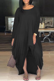 ブラックファッションカジュアルソリッド非対称Oネック長袖ドレス