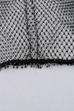 Schwarze, sexy, ausgehöhlte, durchsichtige, mit Strasssteinen besetzte Bleistift-Patchwork-Hose mit mittlerer Taille