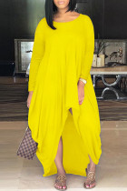 Желтые модные повседневные однотонные асимметричные платья с круглым вырезом и длинными рукавами