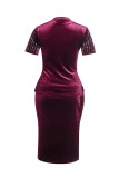 Purplish Red Fashion Casual Patchwork Beading Hot Drill O Neck Plus Size Two Pieces