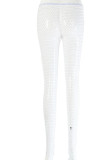 White Sexy Hollowed Out Patchwork See-through Rhinestone Regular Mid Waist Pencil Patchwork Bottoms