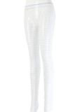 Witte sexy uitgeholde patchwork doorzichtige strass normale middentaille potlood patchwork broek