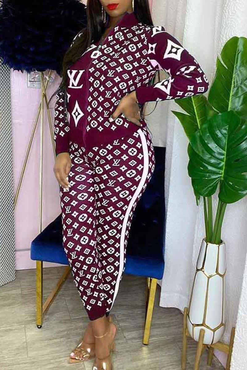 

Purple Fashion Street Print Split Joint Zipper Collar Long Sleeve Two Pieces