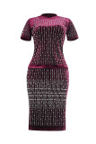 Purplish Red Fashion Casual Patchwork Beading Hot Drill O Neck Plus Size Two Pieces