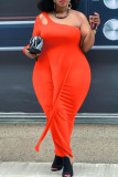 Orange Mode Sexig Solid Patchwork Backless One Shoulder Långärmad Plus Size Klänningar
